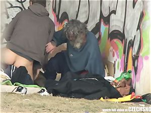Homeless three-way Having hook-up on Public