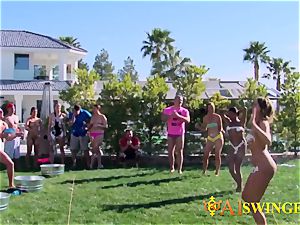 Hannah and JJ have fun around with horny swingers in the backyard